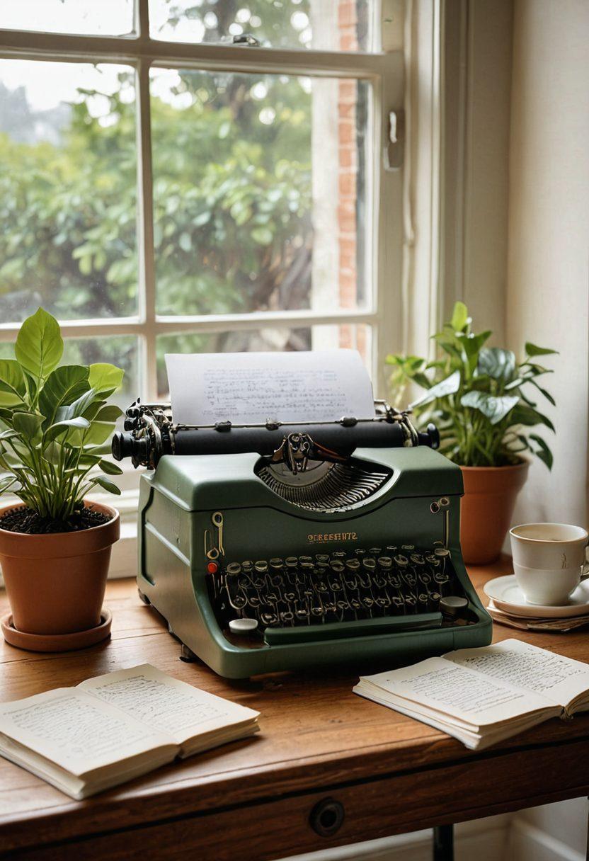 A serene workspace featuring a vintage typewriter surrounded by open notebooks filled with handwritten notes and sketches, a steaming cup of tea beside it, soft natural light pouring in from a window, and a lush green plant in the background. This composition symbolizes the journey of transforming thoughts into meaningful online content. super-realistic. warm tones. cozy atmosphere.