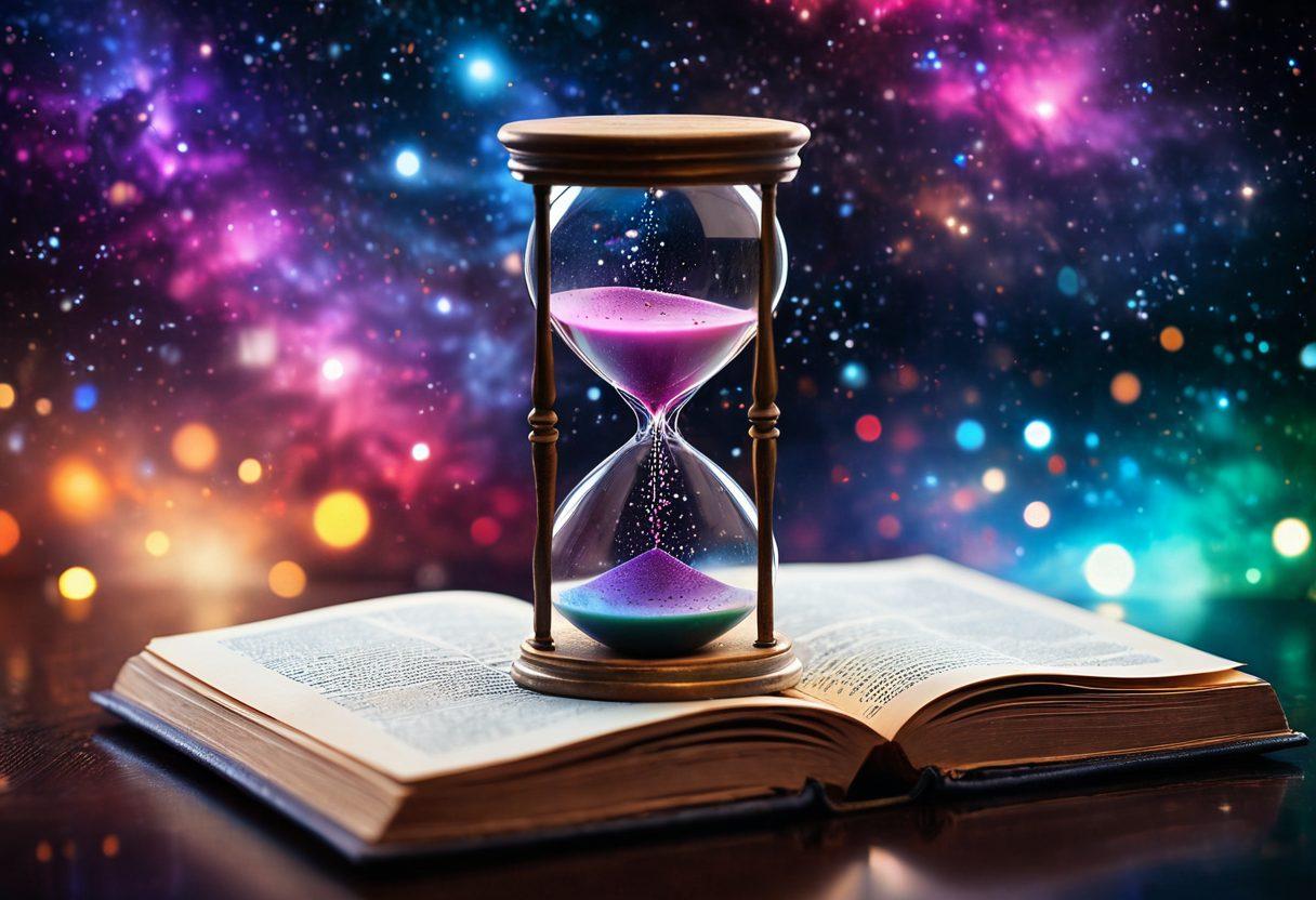 An ethereal hourglass with swirling galaxies inside, symbolizing the passage of time, surrounded by open digital diaries displaying personal reflections. Gentle light illuminates the pages, creating a warm and inviting atmosphere. In the background, a blurred clocktower fades into a soft bokeh of colors, representing the connection between time and memories. surrealistic. vibrant colors. tranquil setting.