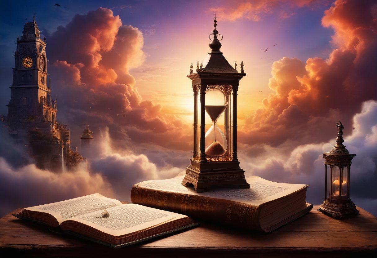 A mystical clock tower surrounded by swirling clouds and glowing hourglasses, symbolizing time's secrets. In the foreground, an open diary revealing handwritten reflections and memories, illuminated by ethereal light. The background features silhouettes of people embarking on their journeys through time, with vibrant colors enhancing the dreamlike atmosphere. super-realistic. vibrant colors. mystical ambiance.